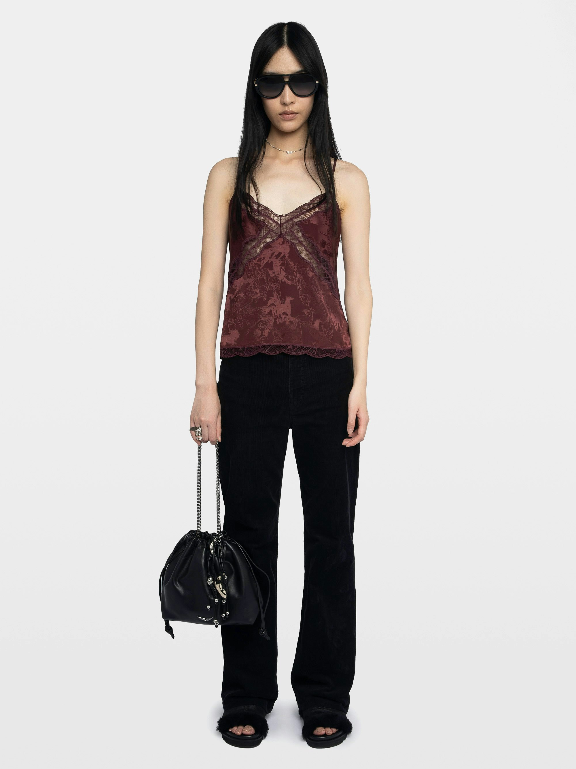 Cishi Camisole 100% Silk - Camisole in horses jacquard silk, adjustable straps, French lace and embroidered wings on back.