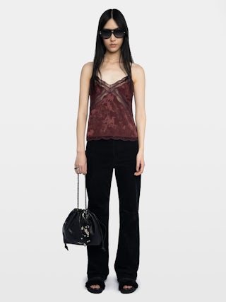 Cishi Silk Lace Camisole - Camisole in horses jacquard silk, adjustable straps, French lace and embroidered wings on back.