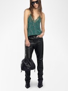 Christy Camisole 100% Silk - Camisole in silk crepe de chine, adjustable straps, all-over rhinestones, French lace and embroidered wings on the back.
