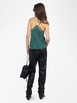 Caraco Christy 100% Soie - Caraco en soie crêpe de chine, bretelles ajustables, strass all over, dentelle française et ailes brodées dos.