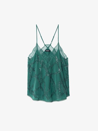 Caraco Christy 100% Soie - Caraco en soie crêpe de chine, bretelles ajustables, strass all over, dentelle française et ailes brodées dos.