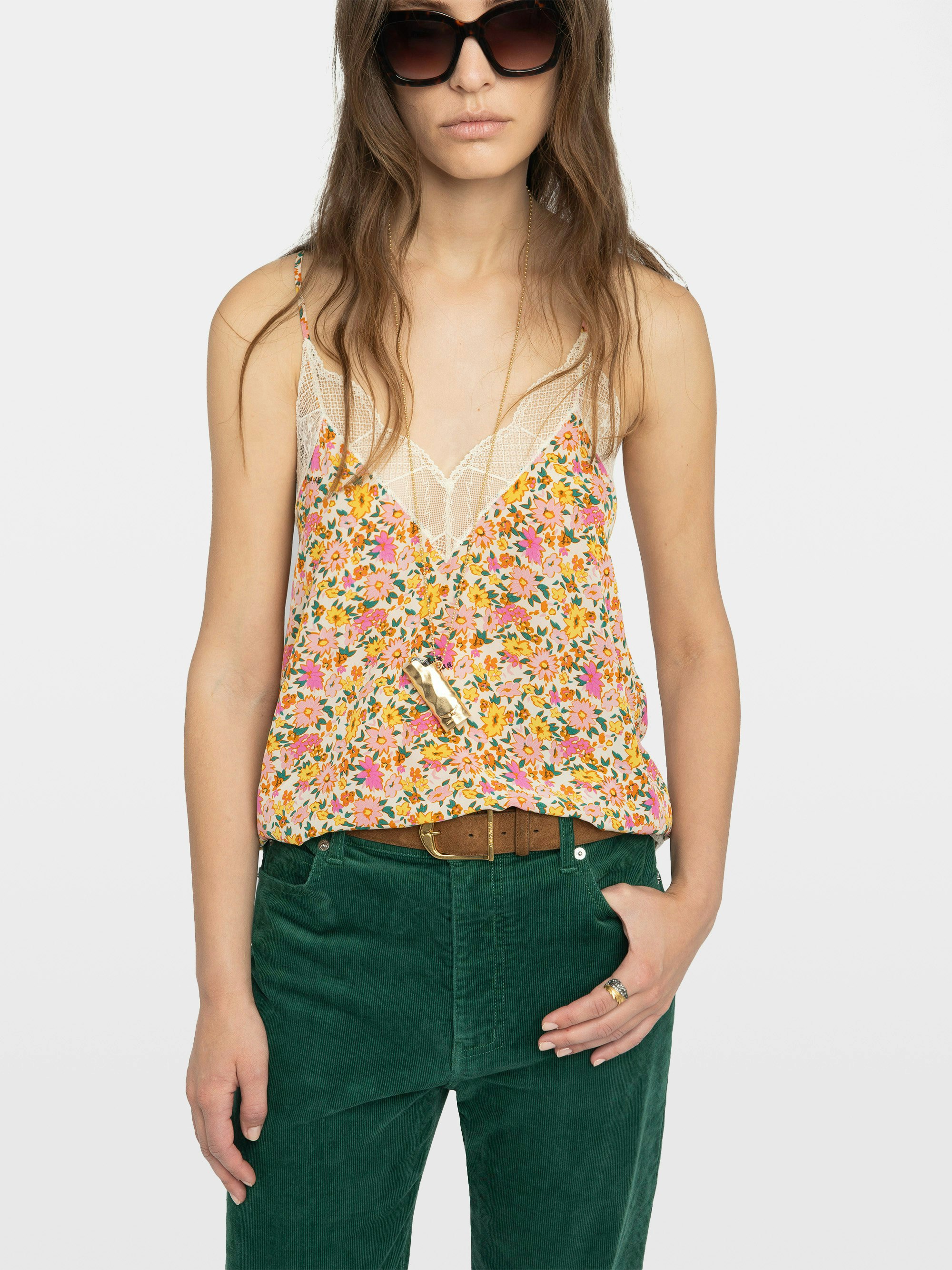 Christy Floral Camisole - Camisole in summer land printed viscose crepe, adjustable straps, French lace and embroidered wings at the back.