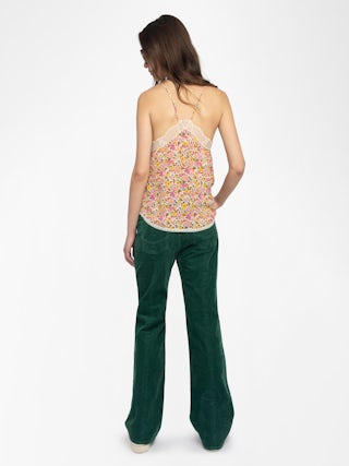 Caraco Christy - Caraco en viscose crêpe imprimé summer land, bretelles ajustables, dentelle française et ailes brodées dos.