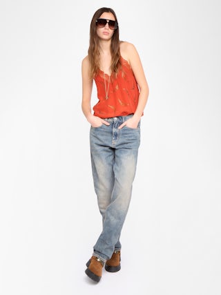 Caraco Christy 100% Soie - Caraco en soie avec strass wings, bretelles ajustables et dentelle française.