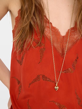 Top Lencero Christy 100% Seda - Top lencero de seda con strass wings, tirantes ajustables y encaje francés.