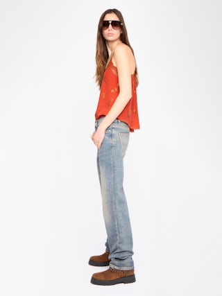 Caraco Christy 100% Soie - Caraco en soie avec strass wings, bretelles ajustables et dentelle française.