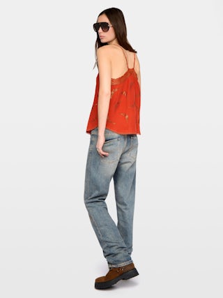 Top Lencero Christy 100% Seda - Top lencero de seda con strass wings, tirantes ajustables y encaje francés.