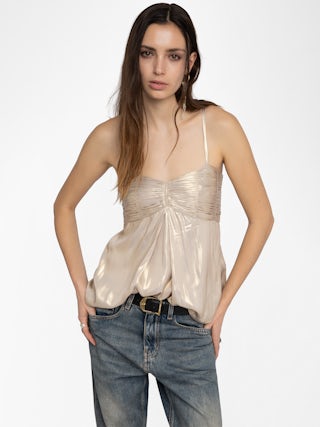 Camisole Cippie Satin - Camisole in gold satin with adjustable straps and a pleated bustier.