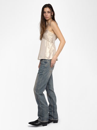 Camisole Cippie Satin - Camisole in gold satin with adjustable straps and a pleated bustier.