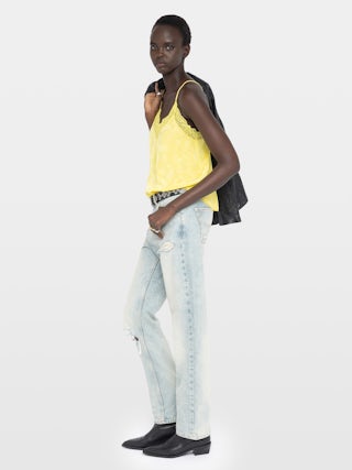 Caraco Christy 100% Soie - Caraco en soie jacquard, bretelles ajustables, broderie ailes dos et dentelle française.