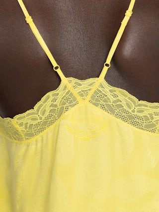 Caraco Christy 100% Soie - Caraco en soie jacquard, bretelles ajustables, broderie ailes dos et dentelle française.