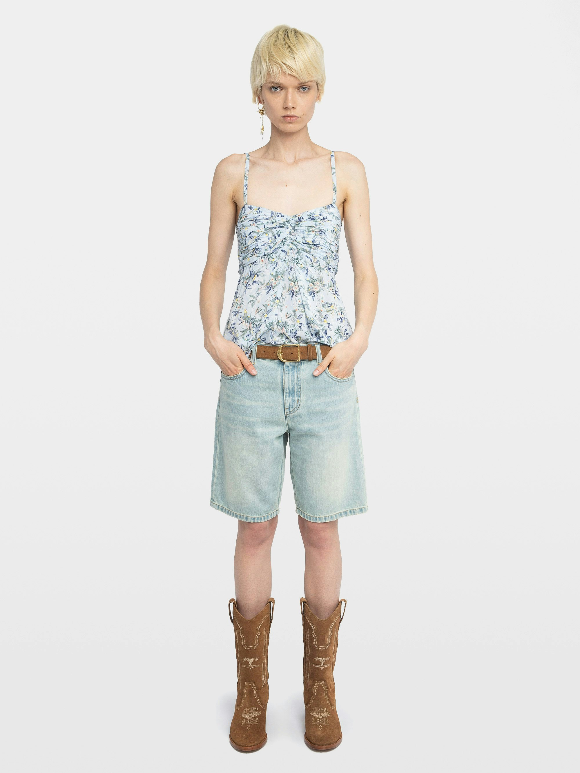 Cippie Camisole - Caraco in printed viscose with adjustable straps and gathered bustier.