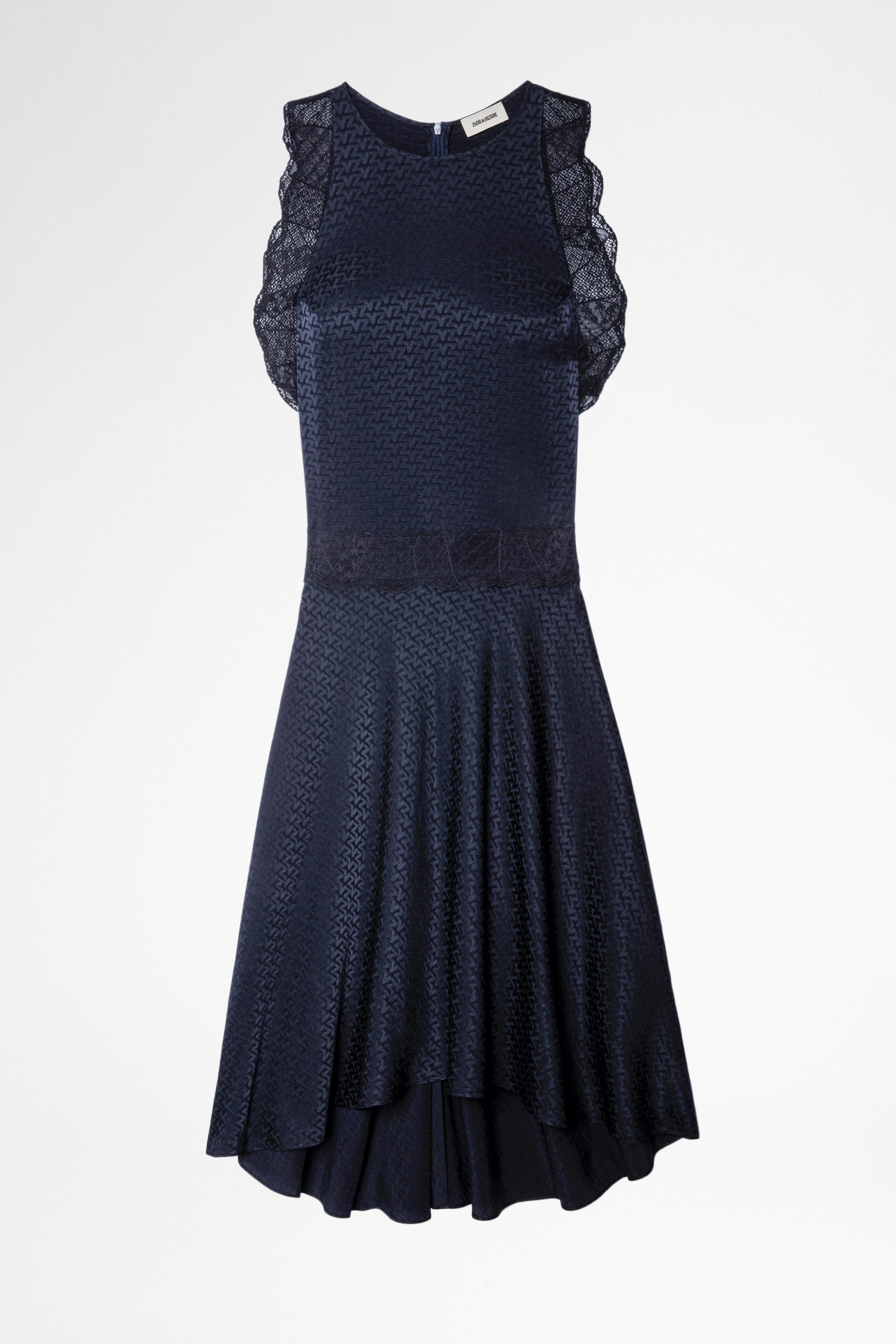 Roberto Jac ZV Silk Dress Women's mid-length dress with blue silk monogram and black lace