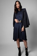 Vestido Roberto Jac ZV Seda - Vestido de largo midi azul de seda de mujer con monograma y encaje negro