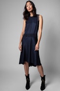 Vestido Roberto Jac ZV Seda - Vestido de largo midi azul de seda de mujer con monograma y encaje negro