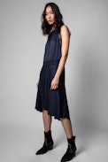 Vestido Roberto Jac ZV Seda - Vestido de largo midi azul de seda de mujer con monograma y encaje negro
