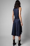 Vestido Roberto Jac ZV Seda - Vestido de largo midi azul de seda de mujer con monograma y encaje negro