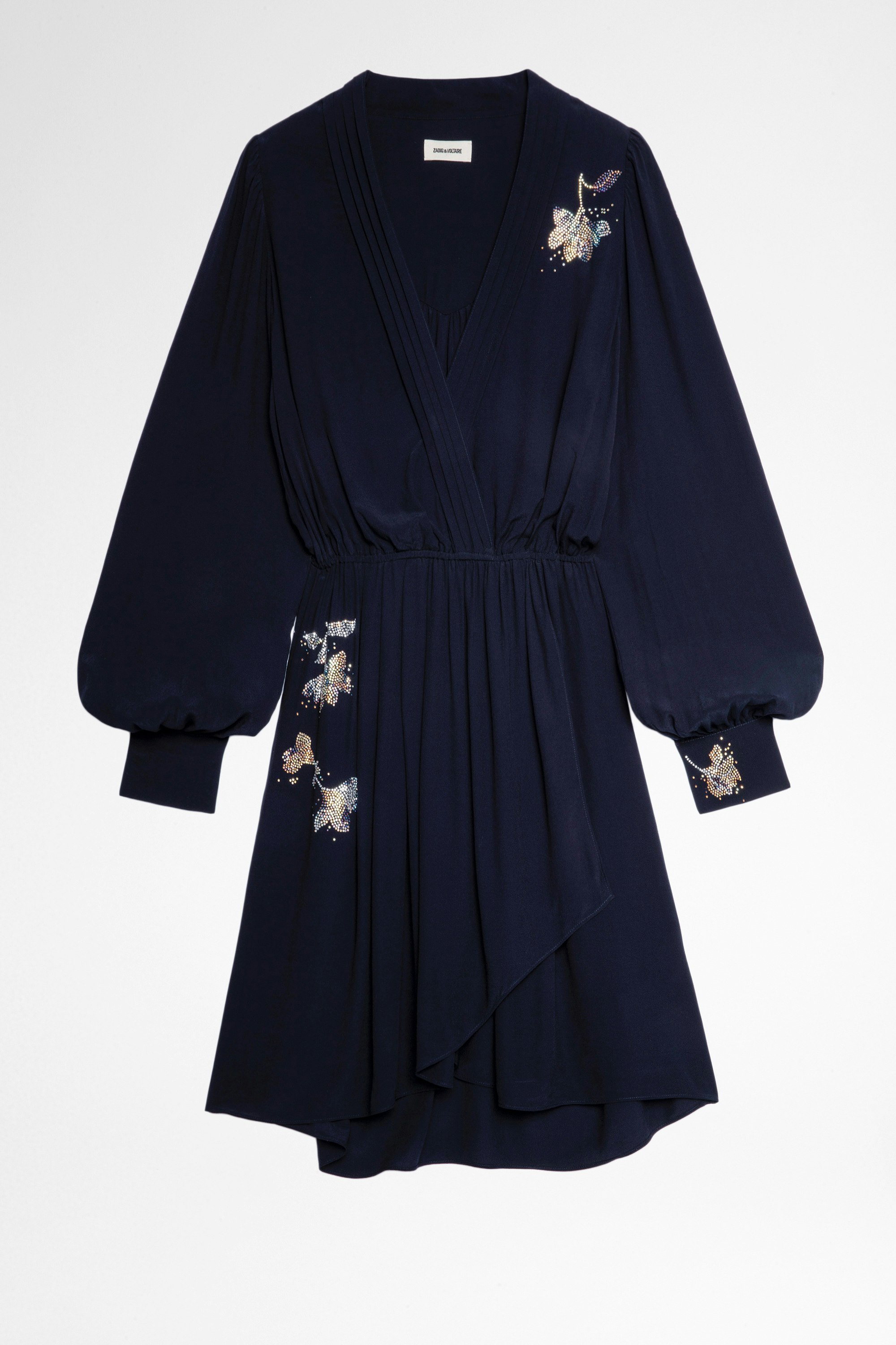 Kleid Remember Strass Marineblaues, kurzes Damenkleid mit Kristallen. Hergestellt mit Fasern aus nachhaltig bewirtschafteten Wäldern