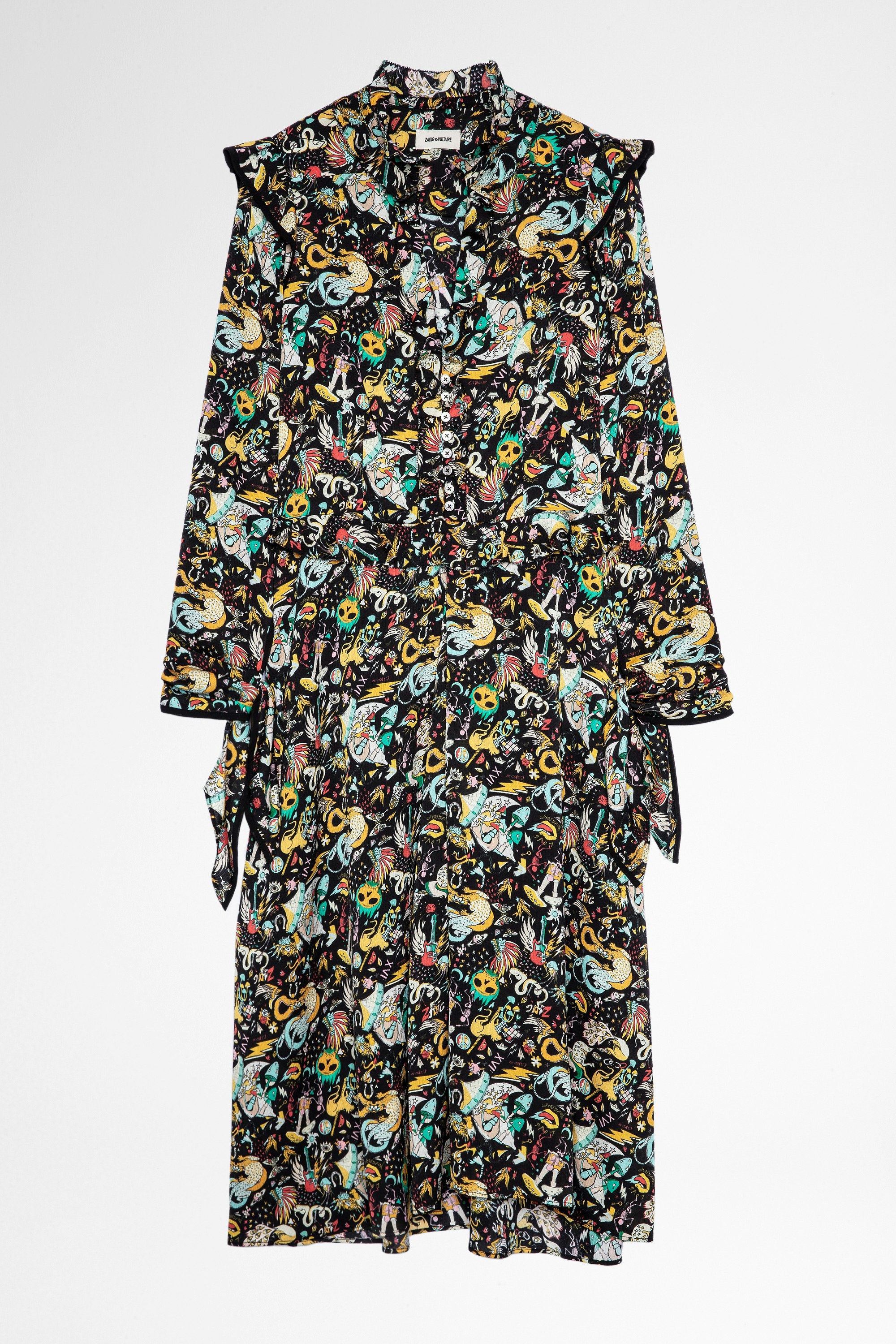 Rosier ドレス Women's mid-length black dress with colorful circus print. Made with recycled fibers