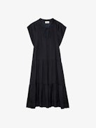 Rito Satin Dress - Add timeless elegance to your wardrobe with this women’s black satin tiered dress, designed with a flattering ruffled skirt and soft satin fabric. Featuring short cap sleeves and a tie at the neck, this dress combines romantic charm with modern sophistication. Perfect for evening events or special occasions, it’s a versatile piece that exudes effortless style.