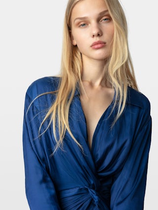 Rozo Satin Dress - Midi-length satin dress draped at the waist.