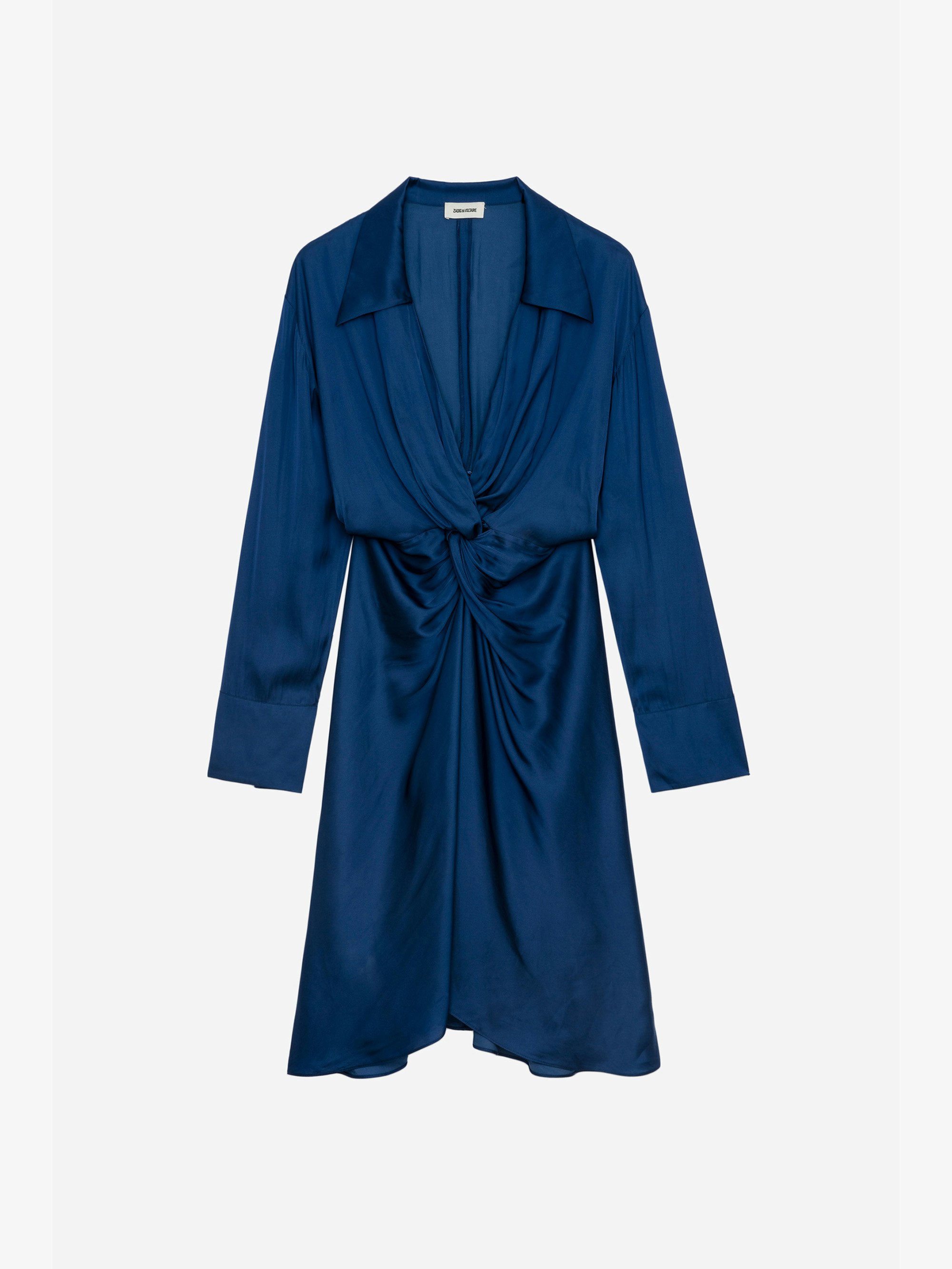 Vestido de Satén Rozo - Vestido azul real de satén de largo medio para mujer, drapeado en la cintura.