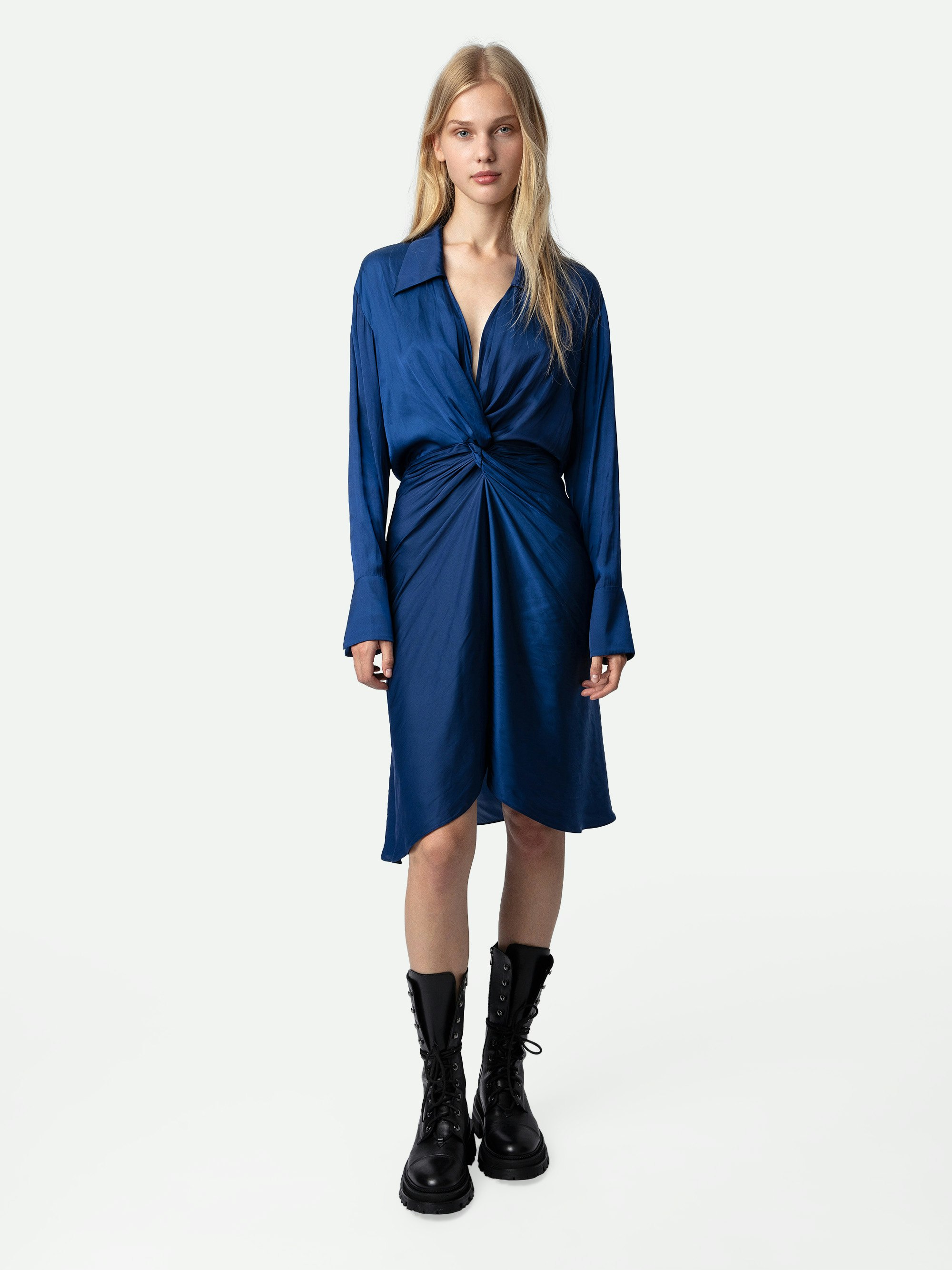 Rozo Satin Dress - Women’s royal blue draped satin midi dress with asymmetric sleeves.
