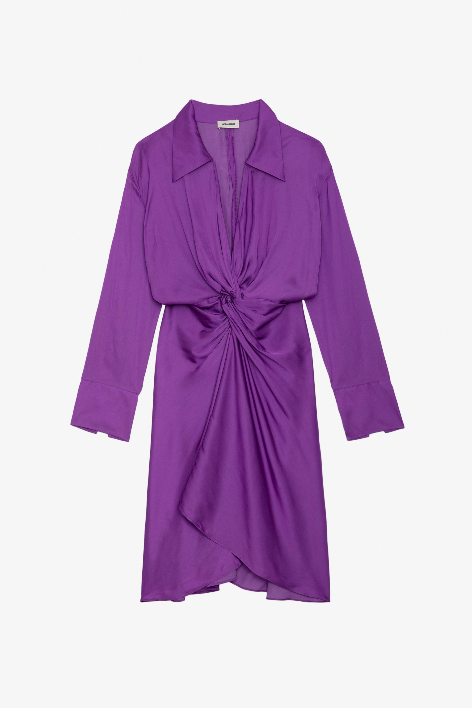Vestido de Satén Rozo - Vestido violeto de satén de largo medio con mangas largas y drapeado en la cintura.
