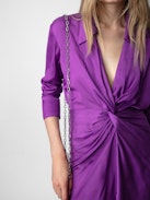 Rozo Satin Dress - Purple satin midi dress with long sleeves and draping at the waist.