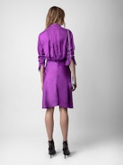 Rozo Satin Dress - Purple satin midi dress with long sleeves and draping at the waist.