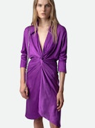 Rozo Satin Dress - Purple satin midi dress with long sleeves and draping at the waist.