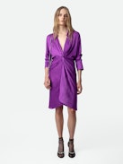 Rozo Satin Dress - Purple satin midi dress with long sleeves and draping at the waist.