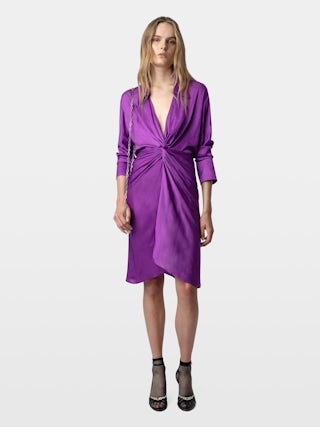 Rozo Satin Dress - Midi satin dress with long sleeves and draped waist.