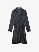 Rozo Satin Dress - Women's knotted and draped black satiny short dress.
