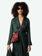 Rozo Satin Dress - Long-sleeved dark green satin midi dress with draping at the waist.