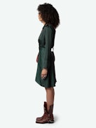 Rozo Satin Dress - Long-sleeved dark green satin midi dress with draping at the waist.