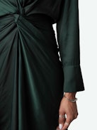 Rozo Satin Dress - Long-sleeved dark green satin midi dress with draping at the waist.