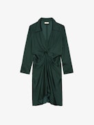 Rozo Satin Dress - Long-sleeved dark green satin midi dress with draping at the waist.