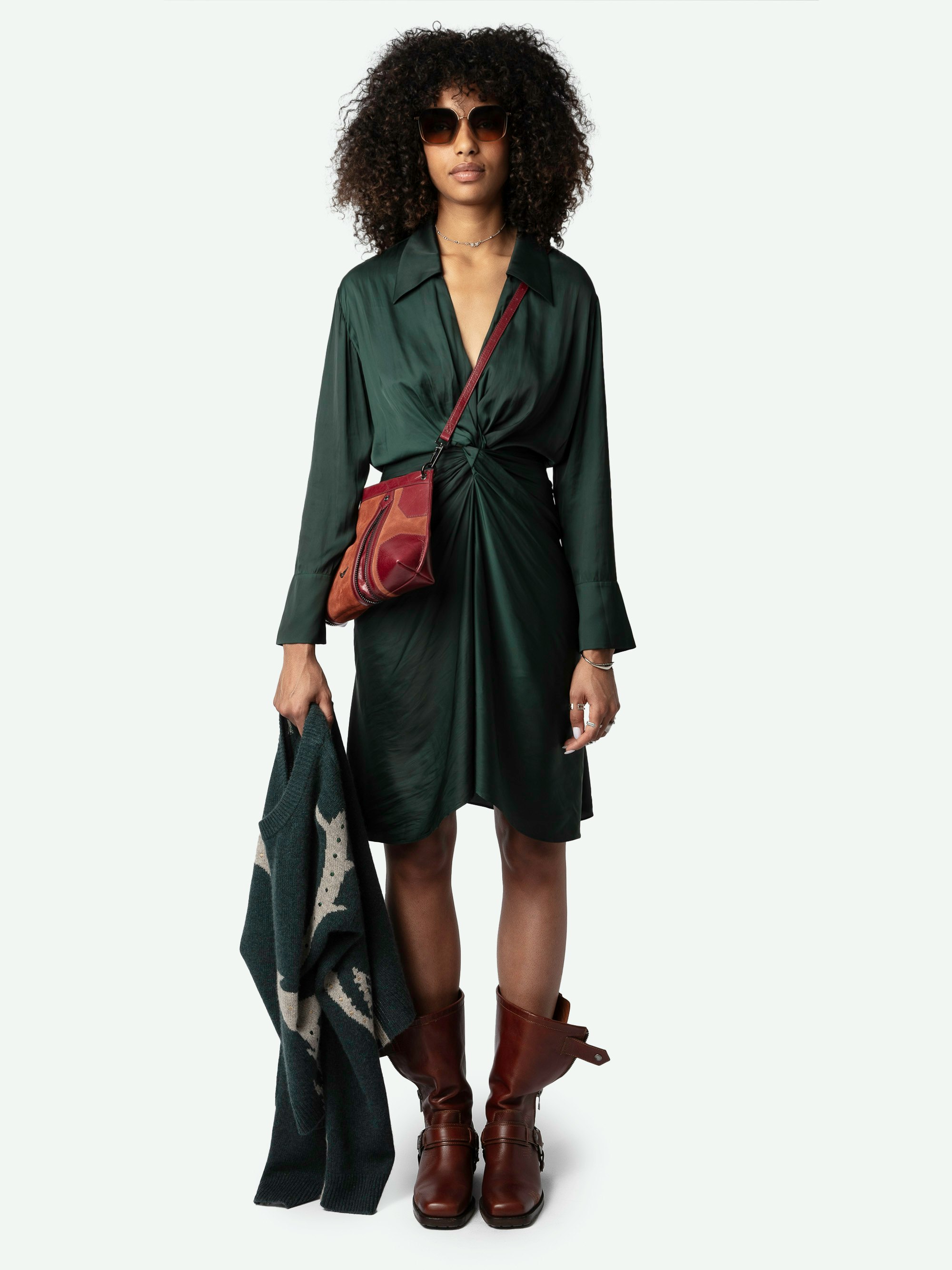 Rozo Satin Dress - Long-sleeved dark green satin midi dress with draping at the waist.