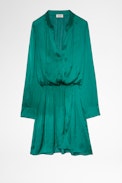 Rinka Satin Dress - Women's long-sleeved green silk dress