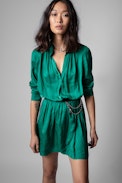 Rinka Satin Dress - Women's long-sleeved green silk dress
