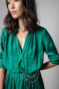 Rinka Satin Dress - Women's long-sleeved green silk dress