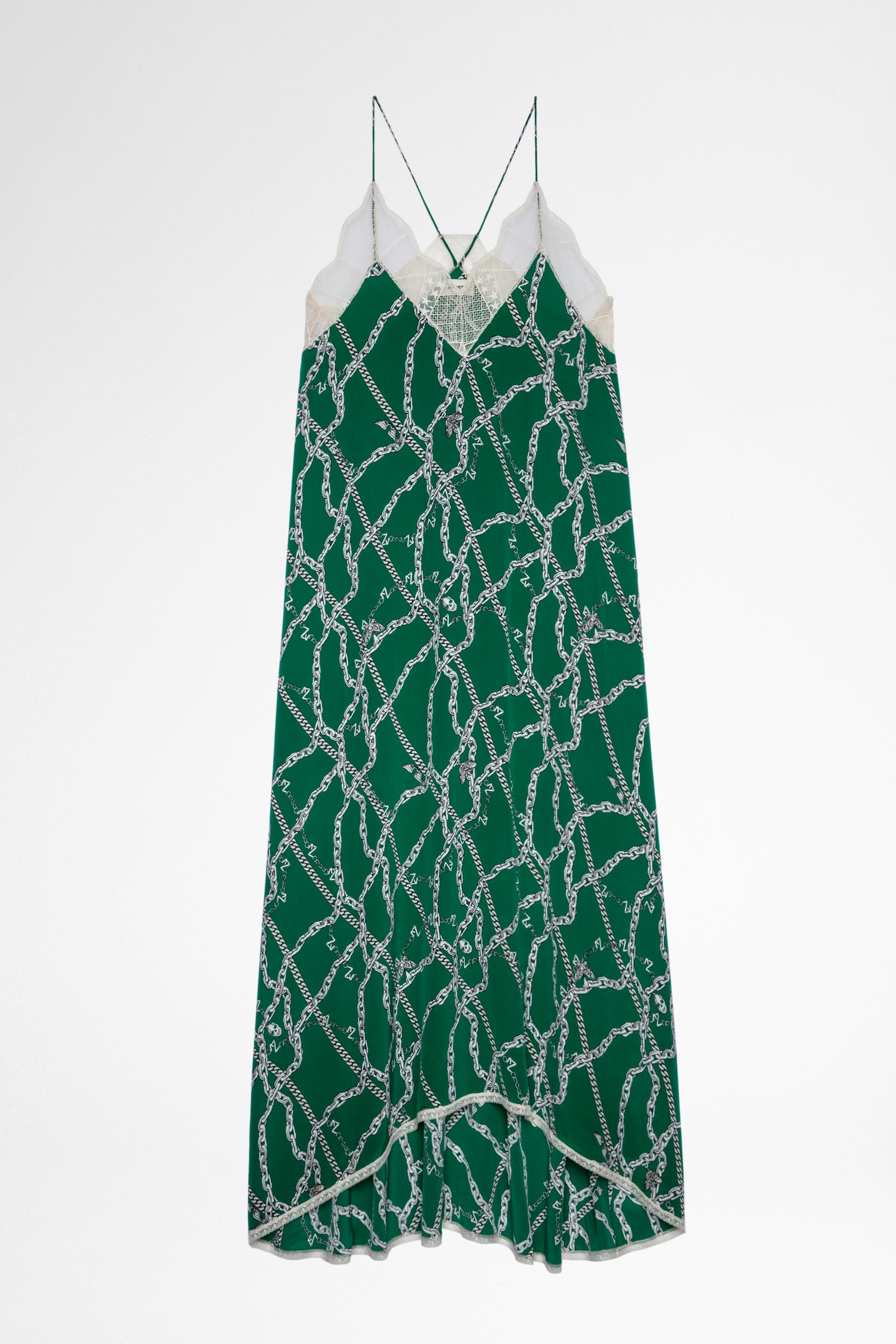 Vestido Risty Seta Vestido de mujer de seda verde con estampado de cadenas