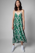 Vestido Risty Seta - Vestido de mujer de seda verde con estampado de cadenas