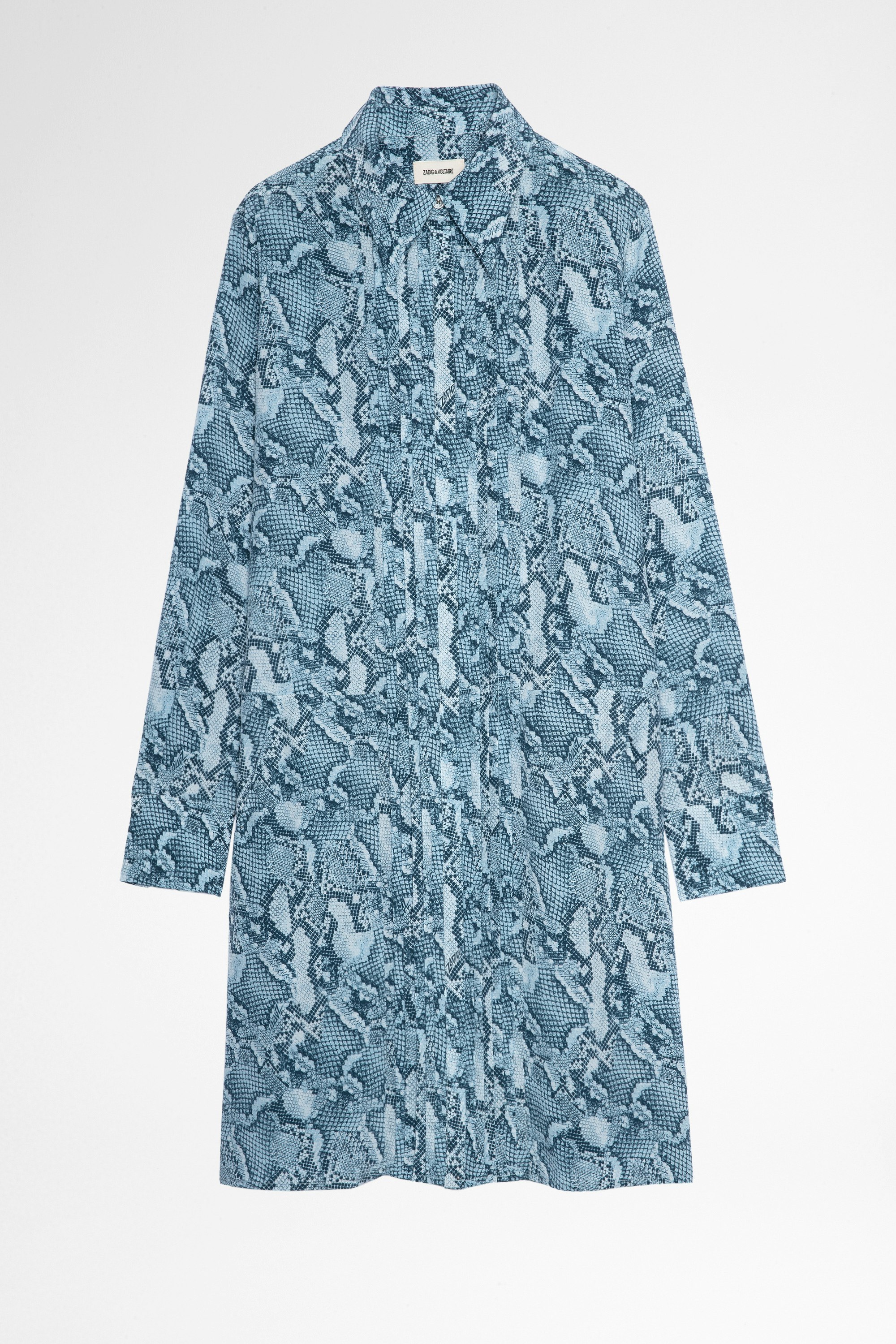 Rougi Silk Dress Women's shirt dress in blue silk with snake print