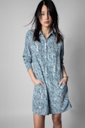 Robe Rougi Soie - Robe chemise en soie bleue imprimé python Femme