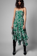 Raphia Dress Silk - Women's green silk bustier dress with chain pattern
