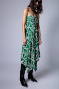 Raphia Dress Silk - Women's green silk bustier dress with chain pattern