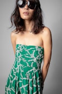 Raphia Dress Silk - Women's green silk bustier dress with chain pattern