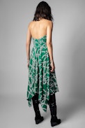 Raphia Dress Silk - Women's green silk bustier dress with chain pattern